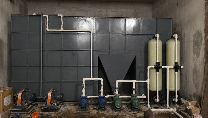 The same HMS MBBR plant after installation, showing connected pumps, filtration vessels and pipework