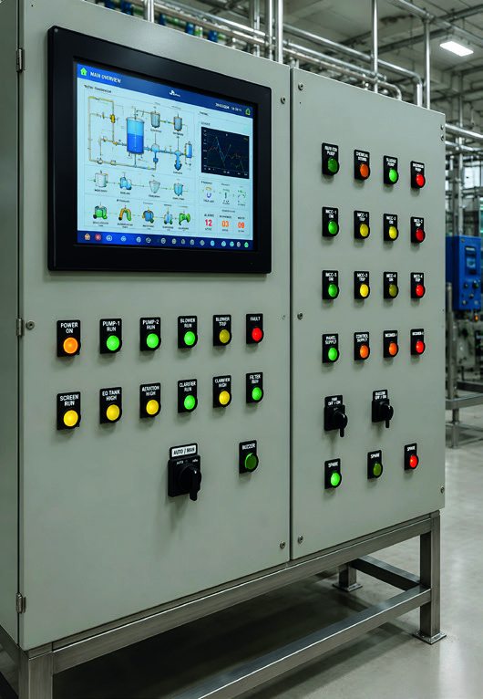Plant control panel with a process display and equipment control switches