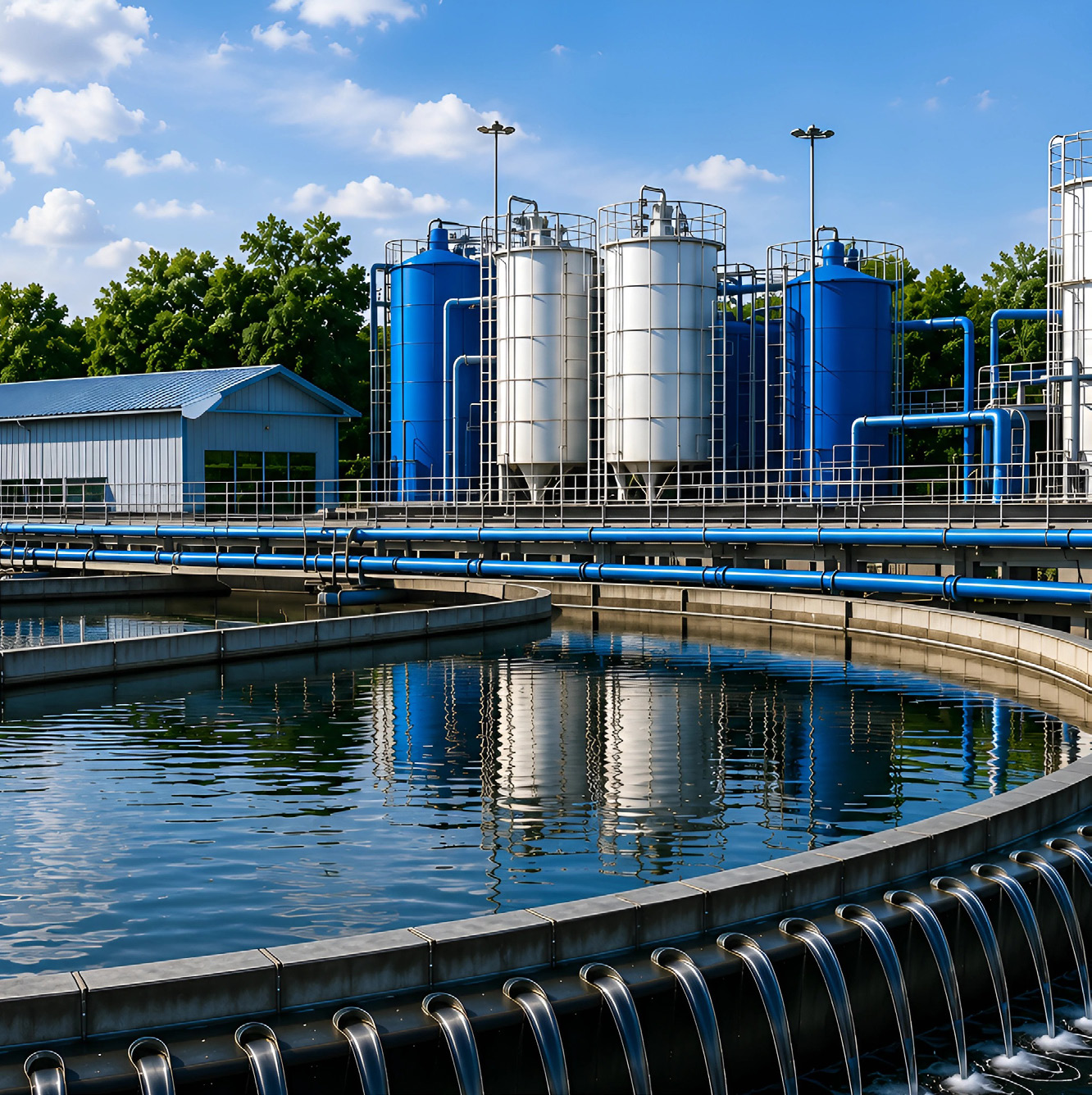 Illustrative water treatment infrastructure with a clarifier and treatment vessels